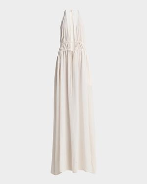 Plunging Tie Halter Crepe De Chine Maxi Dress