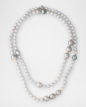 18k White Gold Long Silver, Blue & Gray Pearl Necklace, 40"L