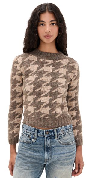 R13 Mock Collar Shrunken Sweater Brown With Tan Houndstooth L
