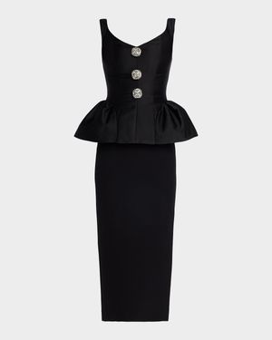 Crystal Button-Front Sleeveless Peplum Midi Dress