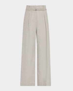 Cashmere-Wool Flannel Wide Sartorial Pants With Belt