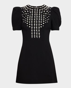Puff-Sleeve Pearly Studded Mini Dress