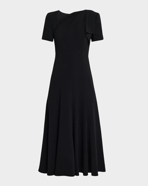 Shoulder Drape Short-Sleeve Light Cady Midi Dress