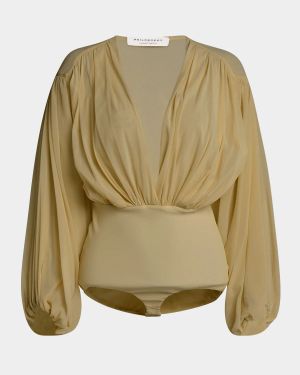 Plunging Gathered Long-Sleeve Bodysuit