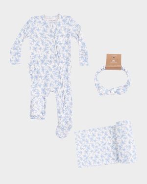 Girl's Romi Floral 2-Way Zip Footie Romper, Headband & Blanket Set, Size Newborn-9M