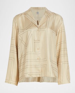 Monogram-Embroidered Silk Pajama Top