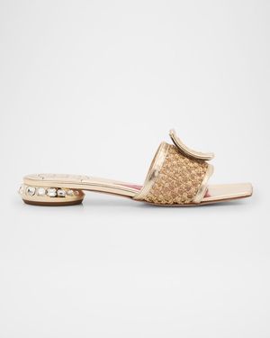 Leather & Raffia Jewel Slide Mules