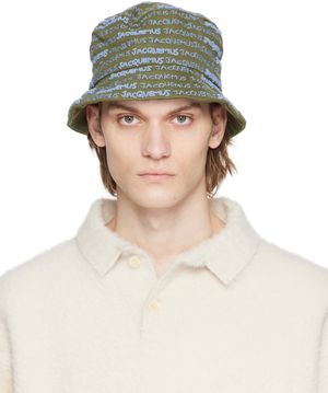 JACQUEMUS Khaki & Blue Le Raphia 'Le Bob Bordado' Bucket Hat