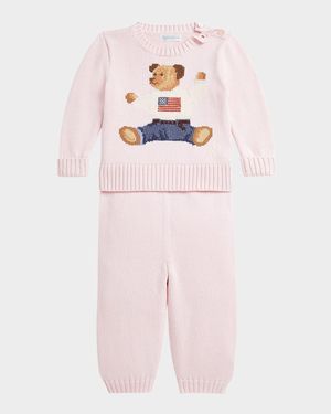 Girl's Flag Bear Intarsia Knit Sweater and Pants Set, Size 3M-24M