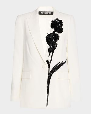 Single-Button Sequin Floral Applique Blazer