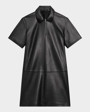 Short-Sleeve Half-Zip Nappa Leather Mini Dress