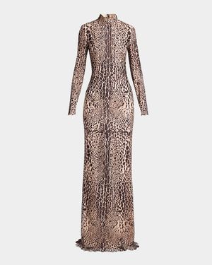 Leopard Lace Mock-Neck Evening Dress