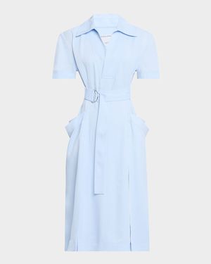 Short-Sleeve Belted Fine Twill Midi Shirtdress