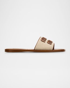 Canvas Logo Flat Slide Sandals