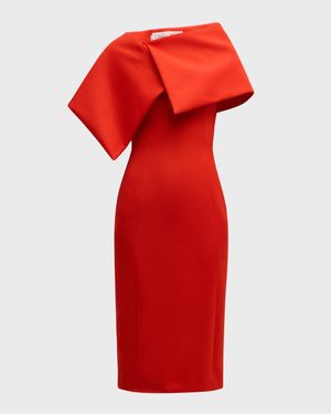 Foldover-Neck Bonded Wool Tailoring Midi Dress