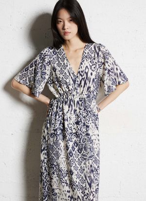 Sud Express - Robe midi Col V imprimée - Taille L - Bleu