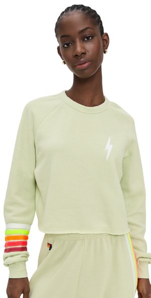 Aviator Nation Bolt Rugby Stitch Cropped Crew Sweatshirt Lime Cream/White Neon XS