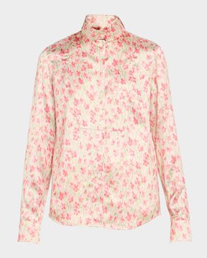 Floral Print Satin Button-Down Overshirt