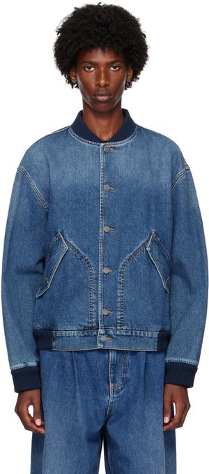 Moschino Blue Barcode Patch Denim Bomber Jacket