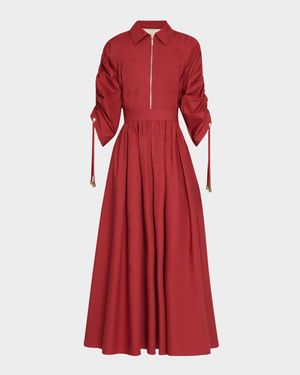 Ruched-Sleeve Poplin Midi Shirtdress