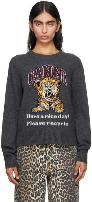 GANNI Pull gris à image de tigre
