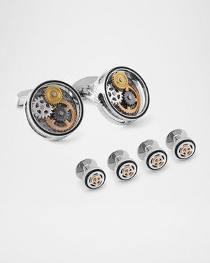 Men's Round Carbon Gear Cufflink and Stud Set