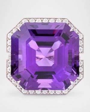 18K White Gold Amethyst Ring with Diamonds, Size 6