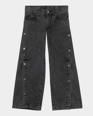 Girl's Side-Button Wide-Leg Denim Pants, Size 4-6