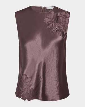 Floral-Embroidered Satin Shell