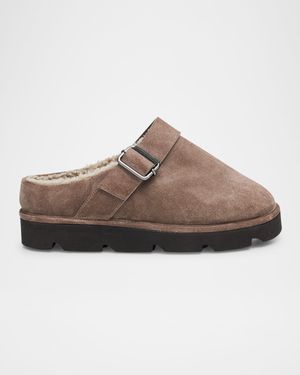 Shiny Detail Shearling-Lined Suede Mules