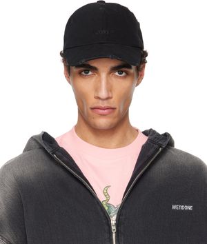 We11done Black Distressed Logo Embroidered Cap