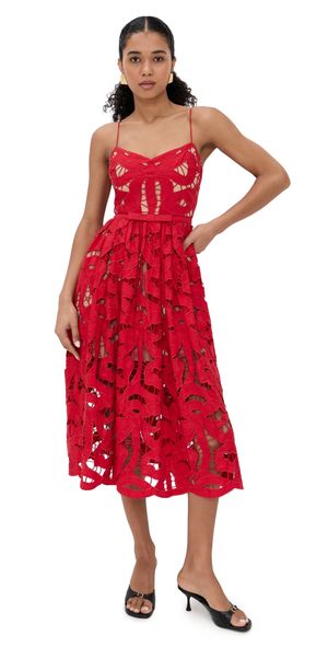 Self Portrait Red Bow Embroidered Midi Dress Red 0