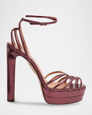 130mm Wild Dream Snake-Embossed Metallic Leather Platform Sandals