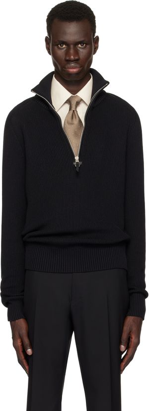 TOM FORD Black Silk Merino Rib Quarter Zip Sweater