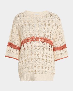 Stripe Cotton-Jute Open Knit Short-Sleeve Sweater