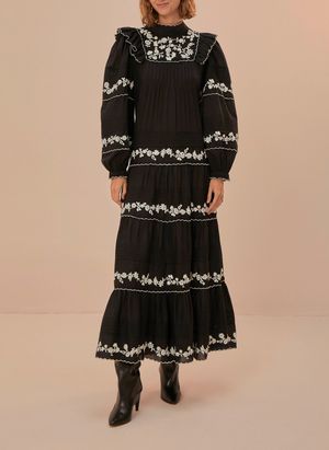 Farm Rio - Robe longue en coton brodé - Taille L - Noir