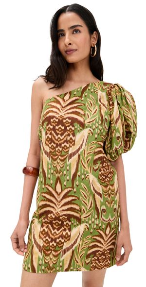 FARM Rio One Shoulder Buttoned Mini Dress Pineapple Tapestry Green L
