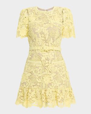 Belted Floral Lace Flounce Mini Dress