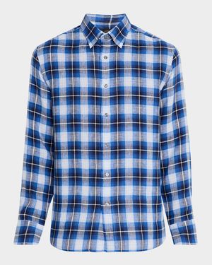 Men's Linen Madras Check Casual Button-Down Shirt