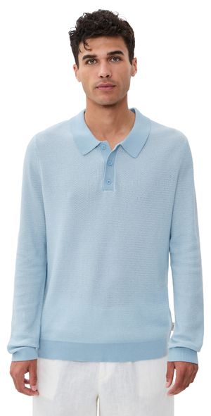 Onia Cotton Textured Knit Long Sleeve Polo Pale Blue S