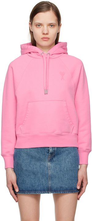 AMI Paris Pull à capuche rose à logo Ami de cœur
