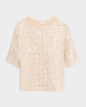 Wool-Cashmere Sequined Open-Knit Short-Sleeve Sweater