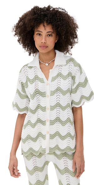 MINKPINK Jayden Crochet Wave Shirt Sage/White M