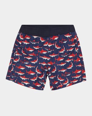 Boy's Shark-Print Swim Shorts, Size 4-6