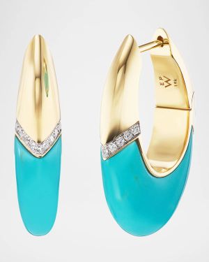 18K Yellow Gold Oval Earrings with Turquoise and Diamonds