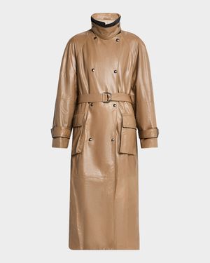 Glossy Nappa Leather Belted Trench Coat