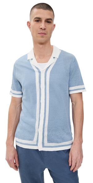Onia Linen Knit Camp Shirt Baby Blue/White S