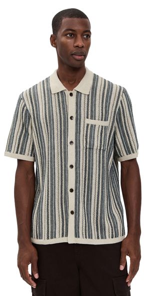 Faherty Short Sleeve Sweater Shirt Iron Mountain Stripe M