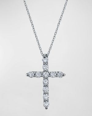18K Gold 11-Stone Shared Prong Round Diamond Cross 16" Necklace, 1.50tcw