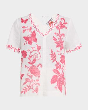 Embroidered Floral-Print Linen Blouse